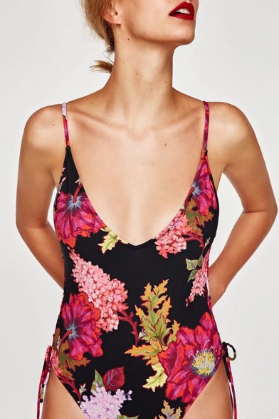 Women's Floral Printed Spaghetti Straps Tied Sides One Piece Swimwear