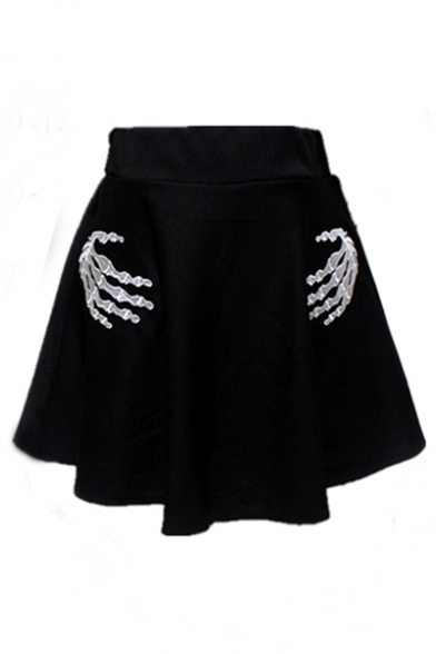 Fashion Skeleton Hands Printed High Waist Summer's Mini A-Line Skirt