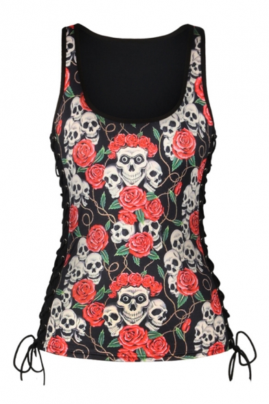 Hot Fashion Lace-Up Side Scoop Neck Sleeveless Floral Skull Printed Tank