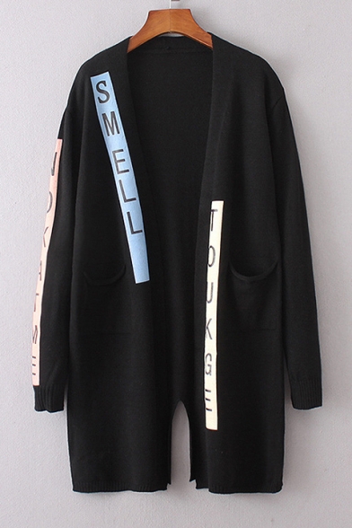 Letter Printed Color Block Open Front Long Sleeve Longline Cardigan