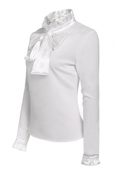 Long Sleeve Ruffle Cuff High Neck Bow Tie Plain Pullover Blouse