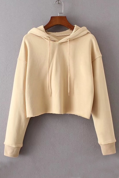 New Arrival Basic Simple Plain Long Sleeve Leisure Cropped Drawstring Hoodie