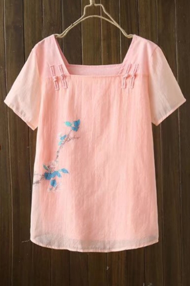 New Fashion Square Neck Short Sleeve Simple Floral Print Linen Pullover Blouse