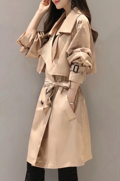 New Trendy Notched Lapel Collar Long Sleeve Double Breasted Plain Trench Coat