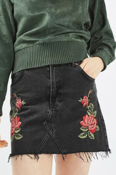 Retro Fashion Floral Embroidered Summer's Mini Bodycon Denim Skirt