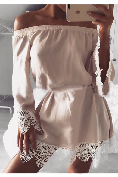 Sexy Fashion Off The Shoulder Long Sleeve Gathered Waist Plain Mini Dress