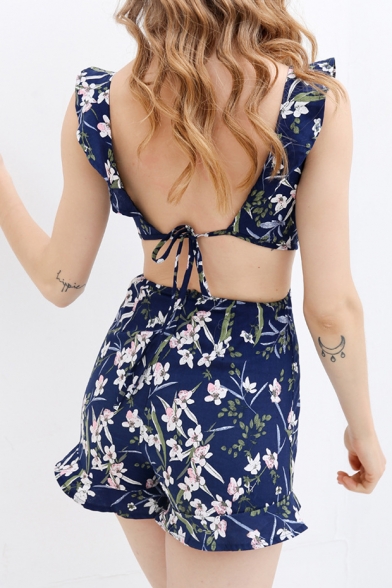 Sexy Open Back Cutout Waist Floral Printed Plunge V-Neck Rompers