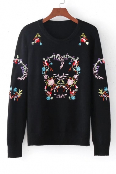 Chic Wreath Embroidered Long Sleeve Round Neck Pullover Leisure Sweater