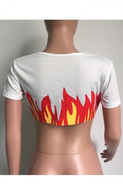 Fashion Fire Pattern Round Neck Short Sleeve Cropped Sports T-Shirt