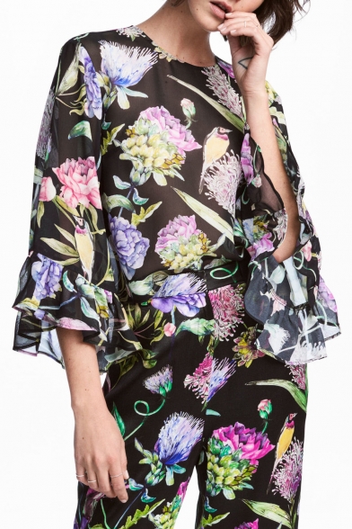 Fashion Floral Printed 3/4 Length Sleeve Chiffon Blouse