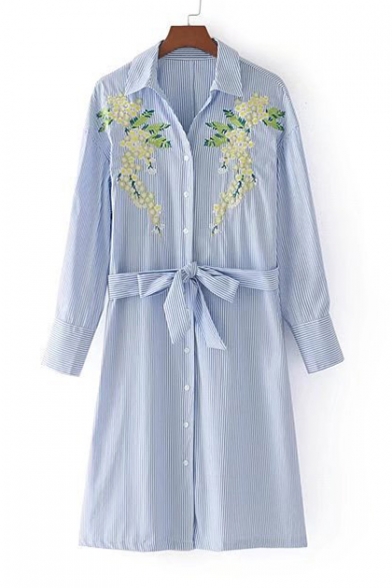 Fashion Single Breasted Embroidery Floral Striped Belt Waist Midi Shirt Dress
