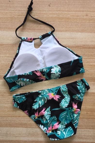 Holiday Beach Summer's Leaves Pattern Halter Neck Sleeveless Swimwear