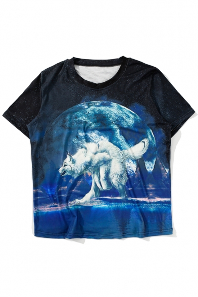 New Fashion Moon Wolf Animal Printed Round Neck Short Sleeve Loose T-Shirt