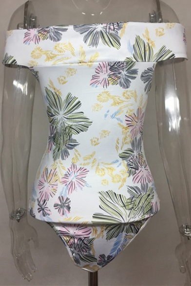 Sexy Off The Shoulder Short Sleeve Floral Printed One Piece Swimwear
