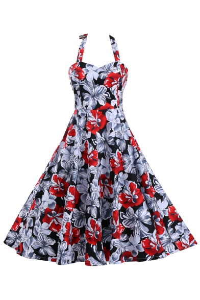 Stylish Retro Halter Neck Sleeveless Chic Floral Pattern Midi Flared Dress