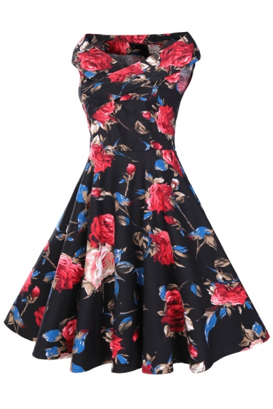 Vintage Floral Printed V Neck Sleeveless Oversize Midi A-Line Flared Dress