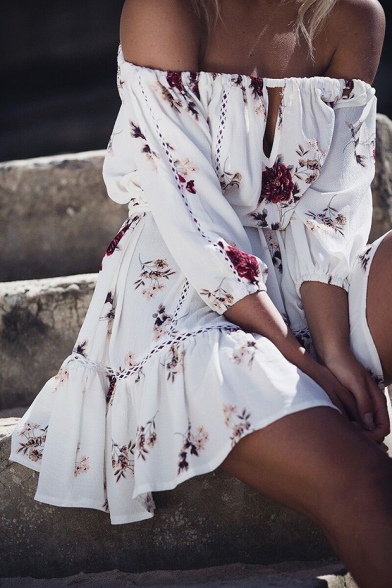Vocational Off the Shoulder 3/4 Length Sleeve Floral Printed Mini Beach Dress