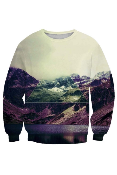 Beautiful Mountains Print Round Neck Long Sleeve Pullover Sweatshirt