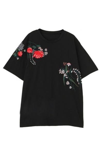 Fashion Floral Embroidered Short Sleeve Round Neck Loose T-Shirt