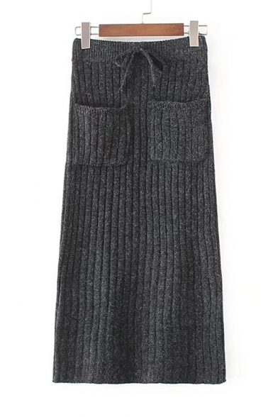 New Arrival Elastic Drawstring Waist Plain Midi Knit Skirt with Double Pockets
