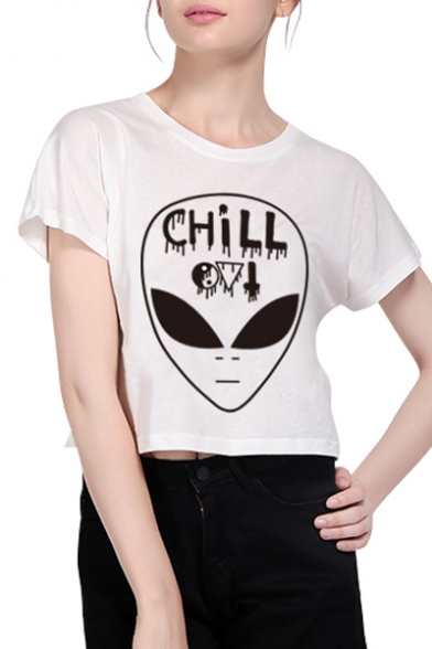 New Collection Alien Printed Round Neck Short Sleeve Cropped T-Shirt