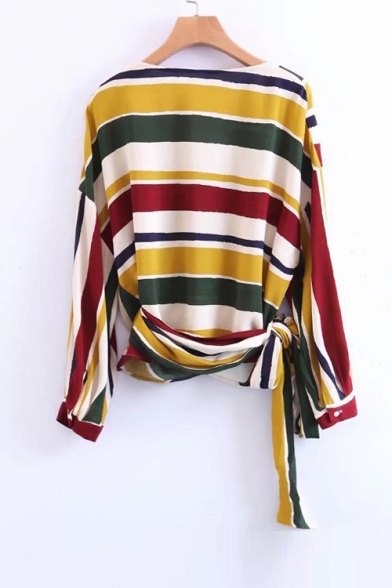 New Fashion Color Block Striped Printed Long Sleeve Wrap Plunge Neck Blouse