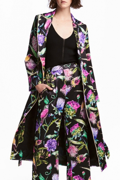 New Fashion Notched Lapel Collar Long Sleeve Floral Printed Longline Trench Coat