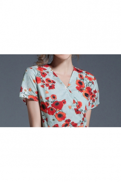 Retro Floral Printed V Neck Short Sleeve Elegant Mini A-Line Dress