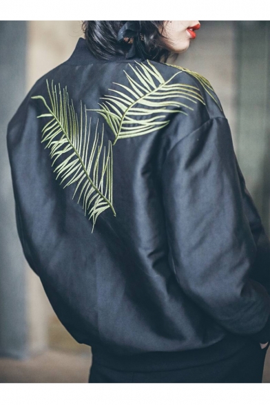 Retro Leaves Embroidered Back Long Sleeve Zip Up Baseball Jacket with Pockets
