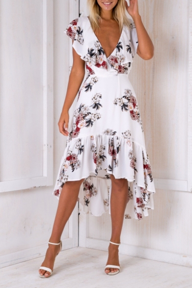 Sexy Plunge Neck Chic Floral Printed Ruffle Hem High Low A-Line Asymmetrical Dress