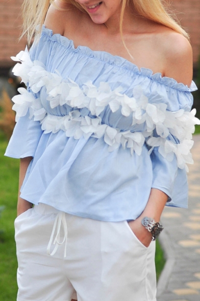 Summer's Blue Off The Shoulder 3/4 Sleeve Flower Patchwork Pullover Blouse