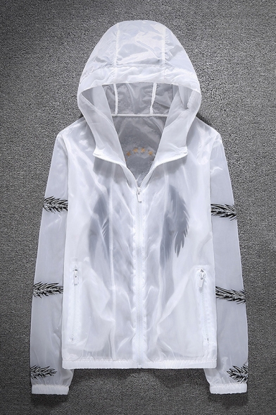 Summer's Feather Pattern Back Hooded Long Sleeve Unisex Sun Protection Coat