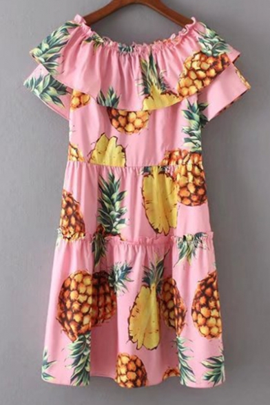 Summer's Fresh Pineapple Pattern Boat Neck Short Sleeve Mini Swing Dress