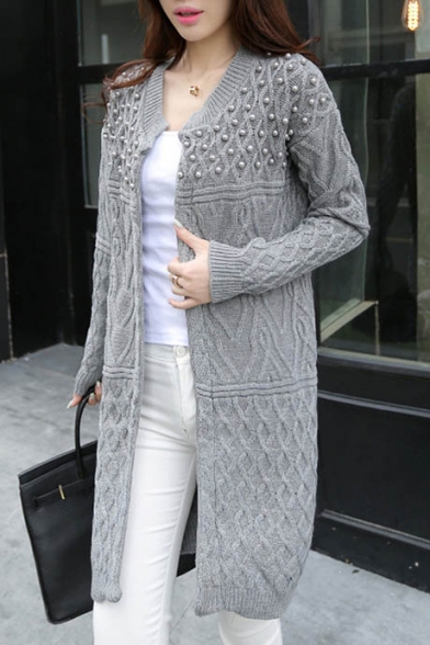Chic Beaded Detail Long Sleeve Open Front Tunic Cardigan