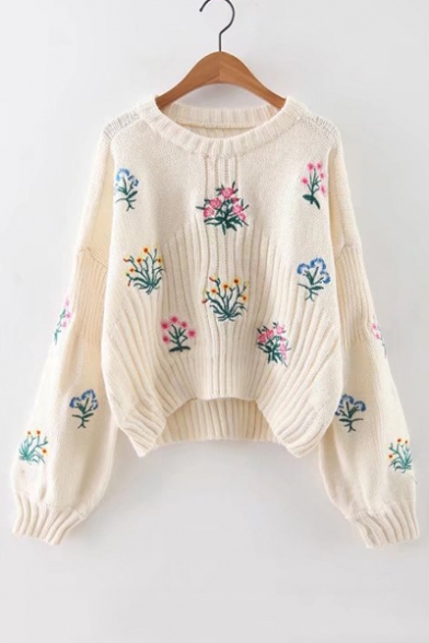 Chic Floral Embroidered Dipped Hem Round Neck Long Sleeve Cropped Sweater