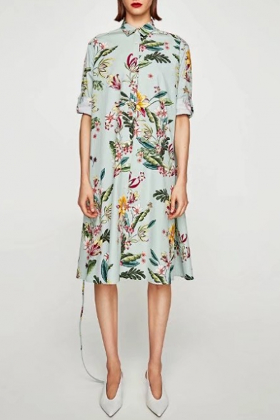 Chic Lapel Floral Printed 3/4 Length Sleeve Single Breasted Midi Shirt Dress