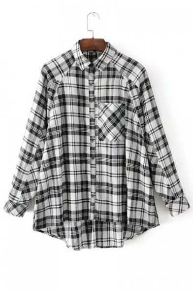 Chic Plaids Pattern Lapel Collar Long Sleeve Buttons Down Shirt with Single Pocket