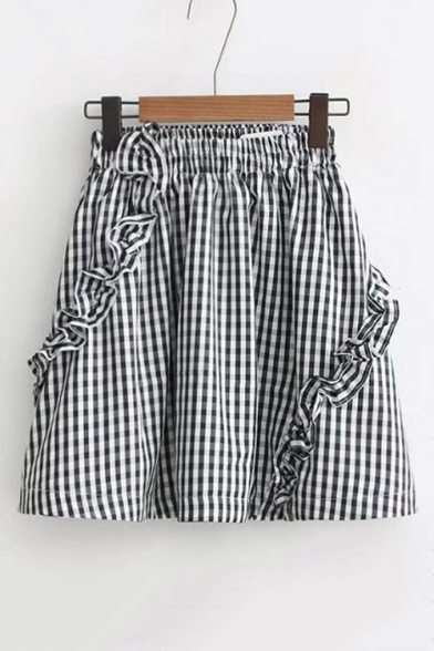 Classic Plaids Pattern Elastic Waist Ruffle Hem Mini A-Line Skirt