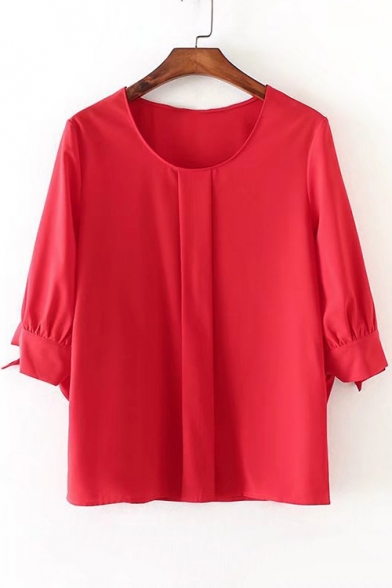 Fashion Bow Tied Cuff Long Sleeve Round Neck Simple Plain Pullover Blouse
