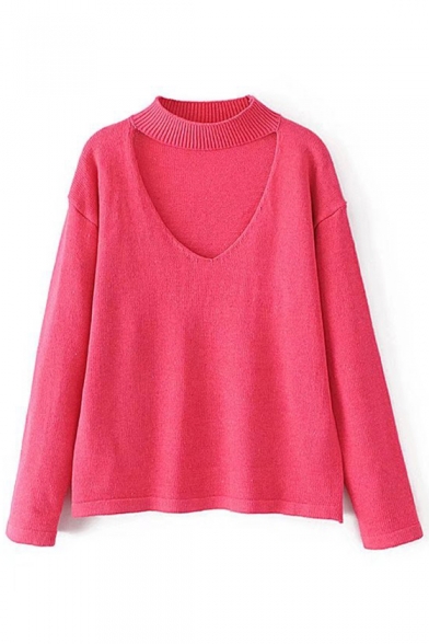Fashion Cutout V-Neck Long Sleeve Plain Pullover Sweater