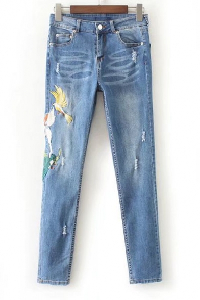 Fashion Embroidery Bird Ripped High Waist Skinny Jeans