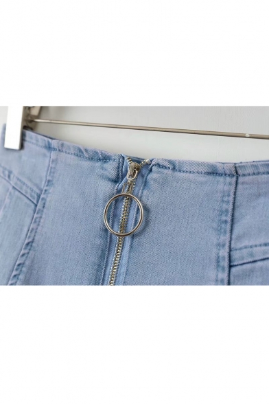 High Waist Retro Blue Plain Ring Zip Up Loose Denim Shorts with Slanting Pockets