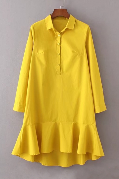 Lapel Collar Long Sleeve Buttons Down Fashion Ruffle Hem Plain Midi Shirt Dress