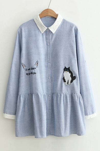 Lovely Embroidery Cat Pattern Lapel Single Breasted Striped Tunic Shirt