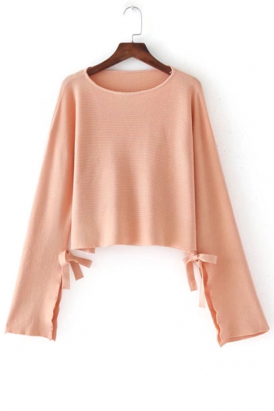 New Arrival Bow Detail Split Long Sleeve Round Neck Plain Cropped Pullover Sweater