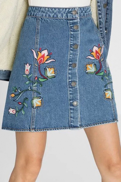 New Arrival Chic Floral Embroidered Buttons Down Mini A-Line Denim Skirt