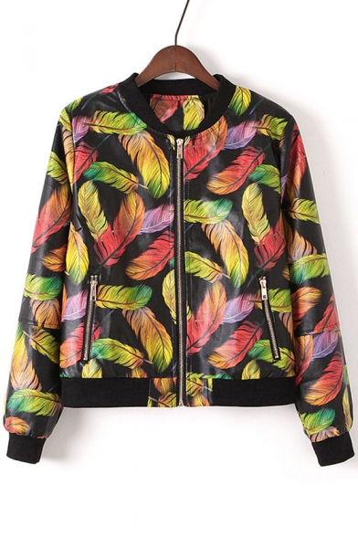 New Arrival Feather Printed Zip Fly Stand-Up Collar Leather Jacket