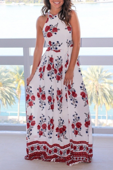 New Arrival Halter Neck Fashion Floral Pattern Holiday Beach Maxi Dress