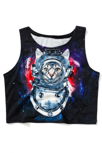 Summer's Fashion Space Cat Pattern Round Neck Sleeveless Sports Cropped Tank Tee