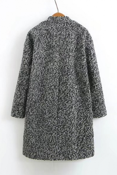 V-Neck Long Sleeve Double Snap-Fasteners Plain Tunic Woolen Coat